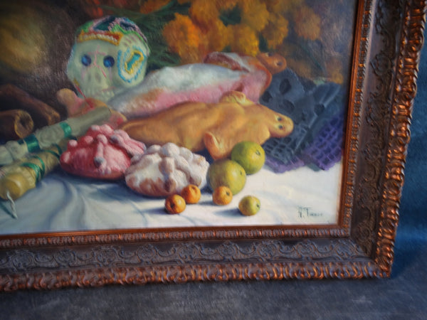 Alfonso Tirado Sugar Skull and Still Life with Candles, Fish and Fruit -Oil on Canvas - P2882