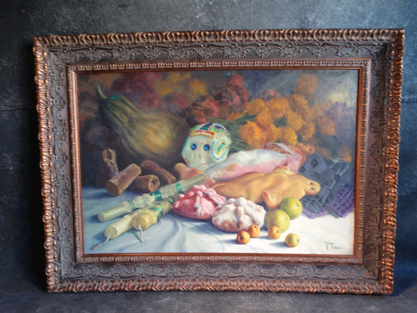 Alfonso Tirado Sugar Skull and Still Life with Candles, Fish and Fruit -Oil on Canvas - P2882