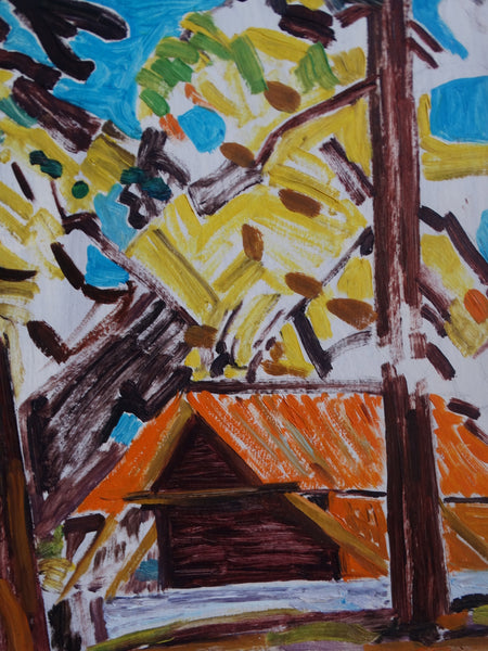 Conrad Buff - Log Cabin in Mountains - Painting on Board 1952 P2926