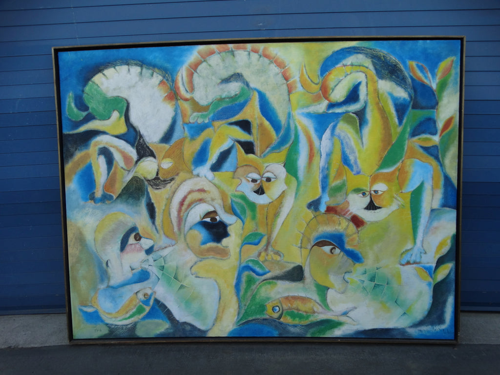 Miguel Angel Toledo Lopez - Los Gatos y Niños - Mexican Modernist Oil on Canvas P2932