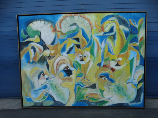 Miguel Angel Toledo Lopez - Los Gatos y Niños - Mexican Modernist Oil on Canvas P2932