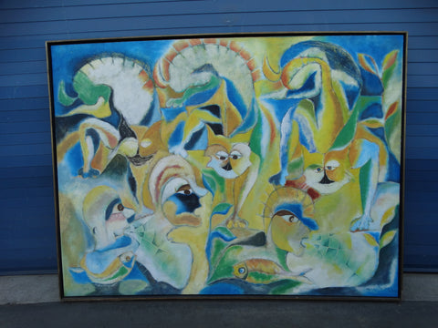 Miguel Angel Toledo Lopez - Los Gatos y Niños - Mexican Modernist Oil on Canvas P2932