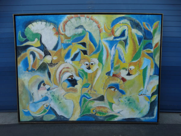 Miguel Angel Toledo Lopez - Los Gatos y Niños - Mexican Modernist Oil on Canvas P2932