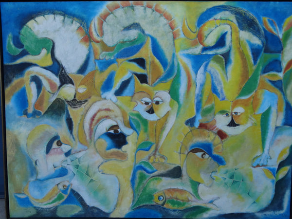 Miguel Angel Toledo Lopez - Los Gatos y Niños - Mexican Modernist Oil on Canvas P2932