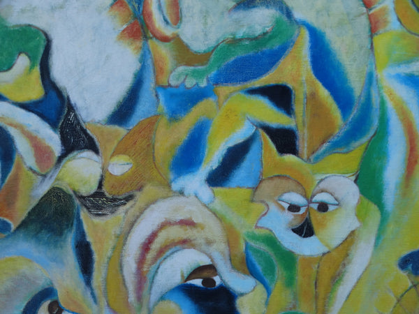 Miguel Angel Toledo Lopez - Los Gatos y Niños - Mexican Modernist Oil on Canvas P2932