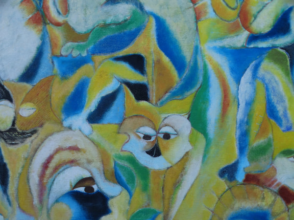 Miguel Angel Toledo Lopez - Los Gatos y Niños - Mexican Modernist Oil on Canvas P2932