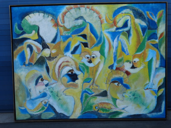 Miguel Angel Toledo Lopez - Los Gatos y Niños - Mexican Modernist Oil on Canvas P2932