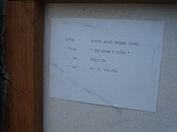 Miguel Angel Toledo Lopez - Los Gatos y Niños - Mexican Modernist Oil on Canvas P2932