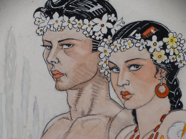 Alfonso X Peña - Idealized Young Mexican Couple - Watercolor and Ink on Paper P2935