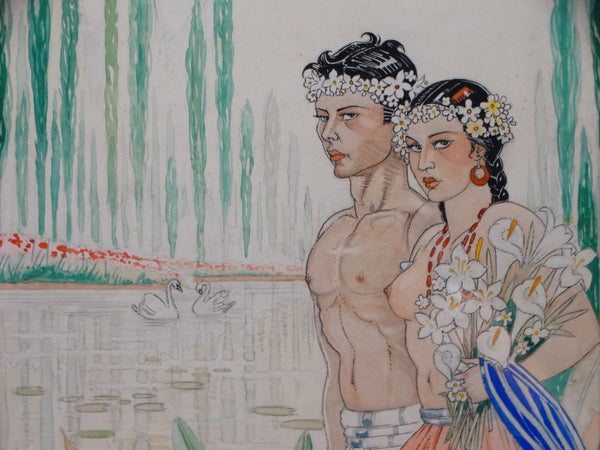 Alfonso X Peña - Idealized Young Mexican Couple - Watercolor and Ink on Paper P2935