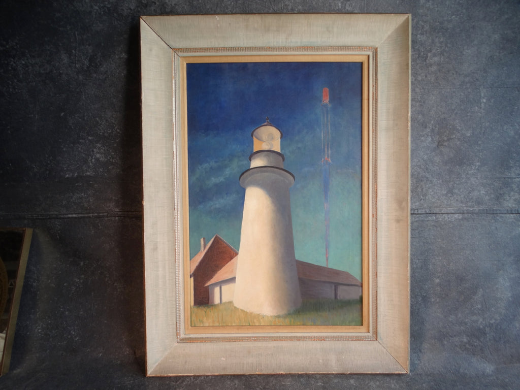 WPA-era Painting of a Lighthouse circa 1940s Oil on Canvas P2970