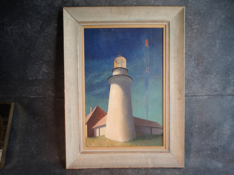 WPA-era Painting of a Lighthouse circa 1940s Oil on Canvas P2970