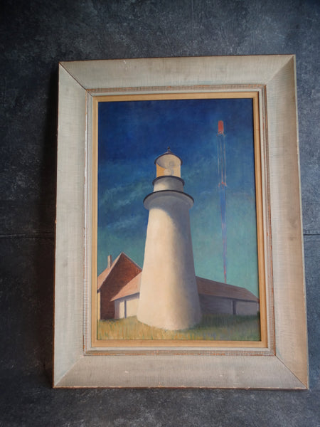 WPA-era Painting of a Lighthouse circa 1940s Oil on Canvas P2970