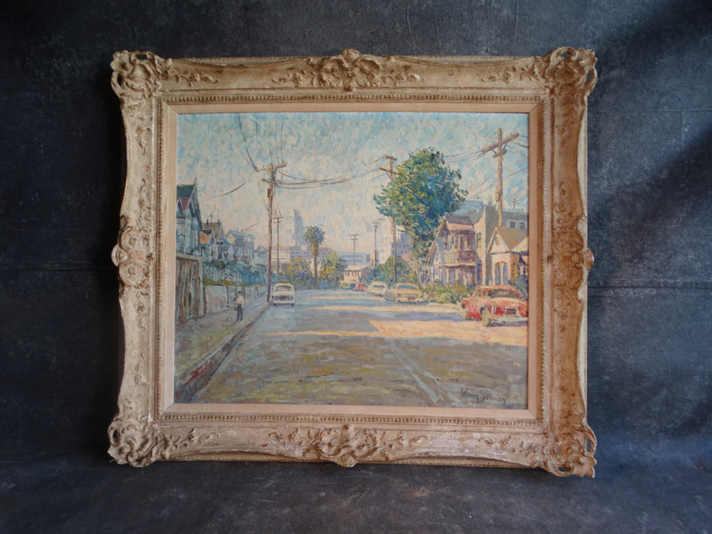 Werner Seeholzer - View of City Hall Los Angeles from Lincoln Heights - 1950s Oil on Wood P3003