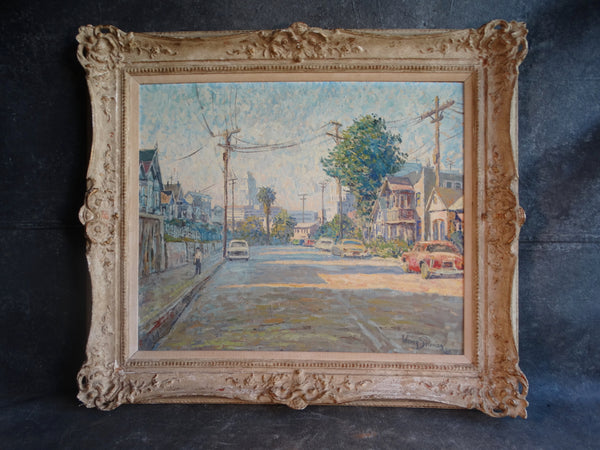 Werner Seeholzer - View of City Hall Los Angeles from Lincoln Heights - 1950s Oil on Wood P3003
