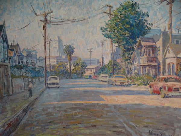 Werner Seeholzer - View of City Hall Los Angeles from Lincoln Heights - 1950s Oil on Wood P3003