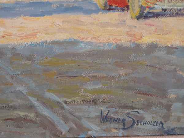 Werner Seeholzer - View of City Hall Los Angeles from Lincoln Heights - 1950s Oil on Wood P3003