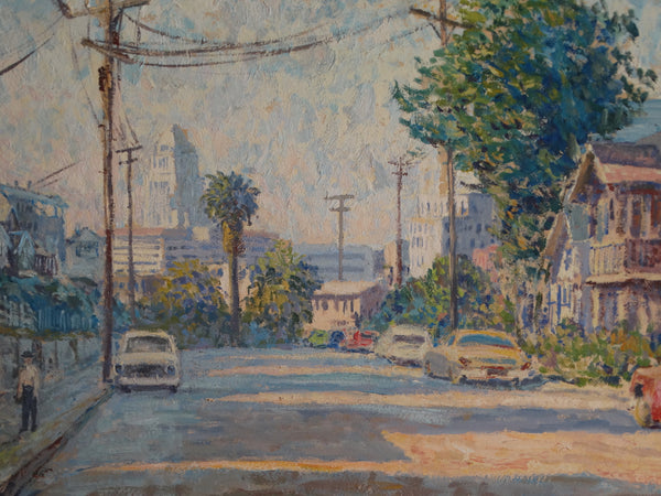 Werner Seeholzer - View of City Hall Los Angeles from Lincoln Heights - 1950s Oil on Wood P3003