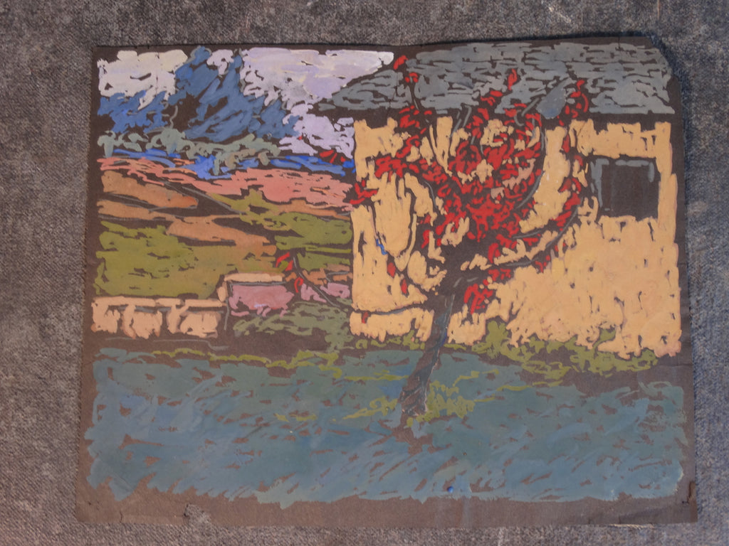 Annita Delano - Tree in Red Leaf, Yellow House - Gouache on Black Paper P3040