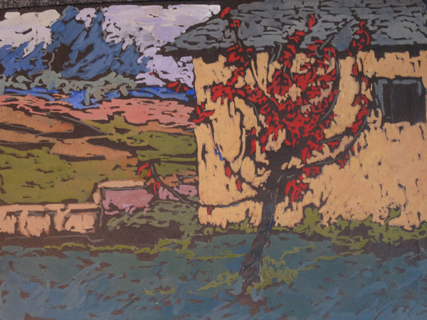 Annita Delano - Tree in Red Leaf, Yellow House - Gouache on Black Paper P3040