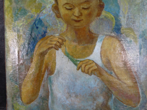 Naoyasu Harada - Boy and Locust - Oil on Canvas c 1930s-40s P3056
