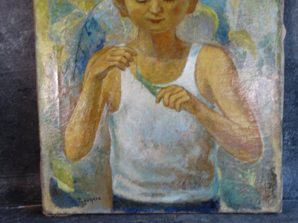 Naoyasu Harada - Boy and Locust - Oil on Canvas c 1930s-40s P3056