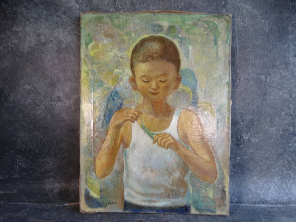 Naoyasu Harada - Boy and Locust - Oil on Canvas c 1930s-40s P3056