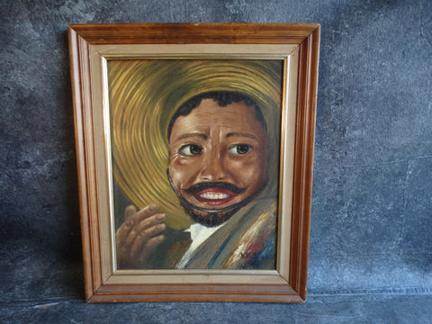 Man In A Sombrero  - Folk Art -Oil on Board Circa 1940s P3064