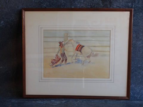 Leonard Howard Reedy (1899 - 1956)  - Cowboy Trying to Saddle his Pony - Watercolor P3085