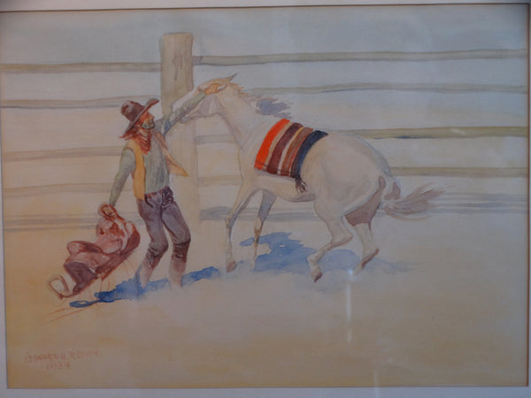 Leonard Howard Reedy (1899 - 1956)  - Cowboy Trying to Saddle his Pony - Watercolor P3085