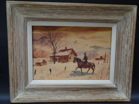 Charles Payzant Watercolor, Double-sided: Cowboy on Winter Ranch/ Market Scene