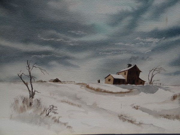 Alfred C. Ybarra (1905 – 2001) Watercolor dated 1938 Farmhouse in Snowy Fields P661