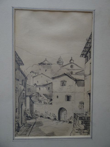 Alfred C. Ybarra (1905 – 2001) Pencil Sketch of a Spanish Town