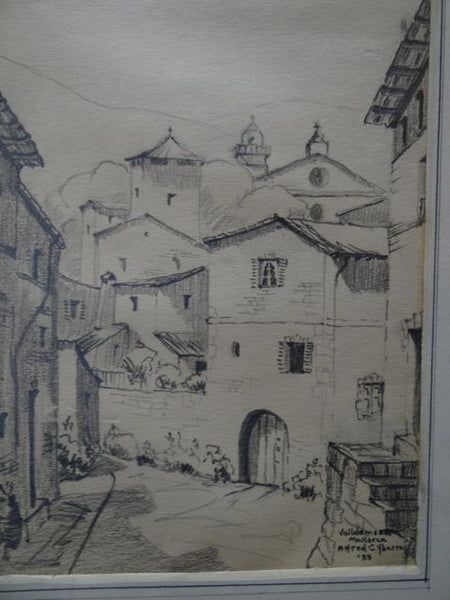 Alfred C. Ybarra (1905 – 2001) Pencil Sketch of a Spanish Town