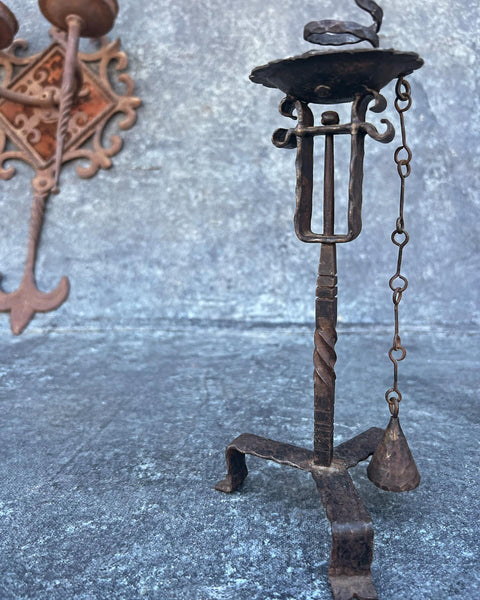 spanish colonial 19th century hand wrought iron candle stick with snuffer