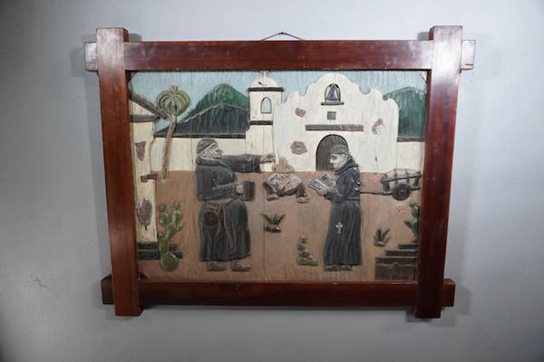 Carl Christian Abel -San Diego Mission Scene - Painted Wood Carving c 1930s A2995
