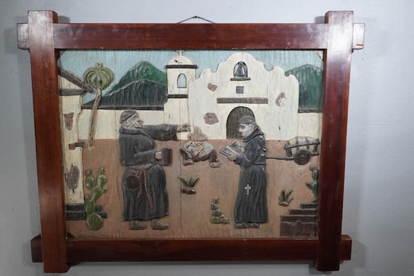 Carl Christian Abel -San Diego Mission Scene - Painted Wood Carving c 1930s A2995