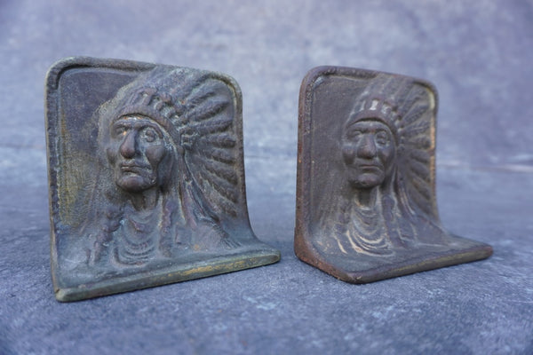 Indian Chief Solid Brass Bookends c 1920s A3032