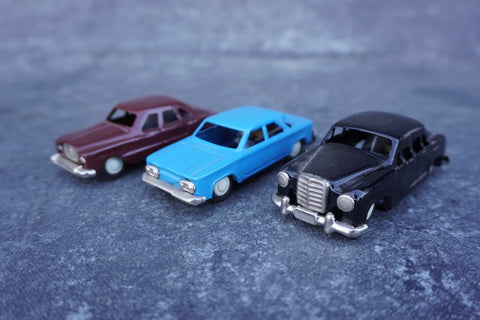 Made in Japan: Set of 3 Friction Tin Toys: Mercedes Sedan, Chevy Cougar, Plymouth Valiant A3043