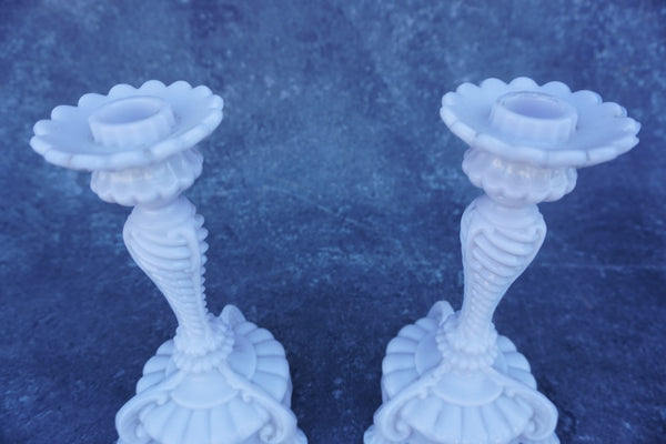 Opalescent Milk Glass Candlesticks, Pair A3064