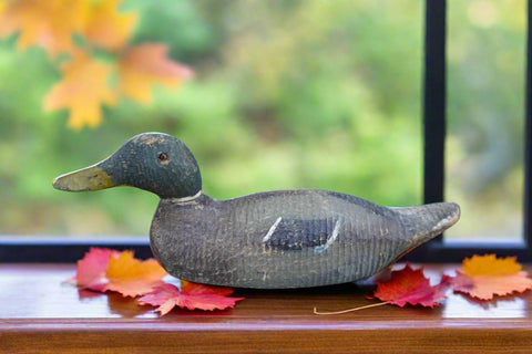 Mallard Duck Decoy - Hand-Carved Wood, Glass Eyes A3095