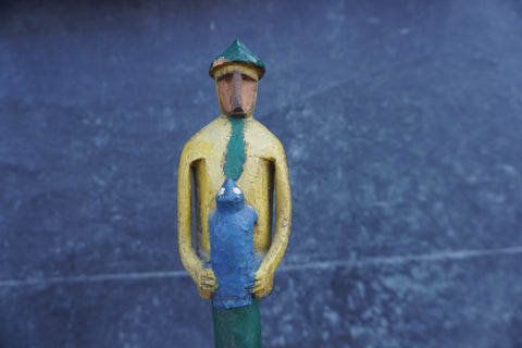 Yellow Man with Blue Pet Folk Art Walking Stick A3100