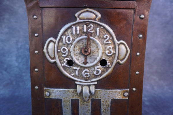 Art Nouveau Copper & Pewter Mantel Clock c 1910