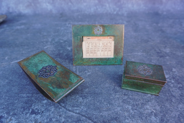 Heintz Art Metal Shop Desk Set #1001: Blotter, Calendar, Box - A3165