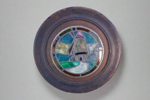 Arts & Crafts Stained Glass Windmill Motif Round Window  c 1910 A3173