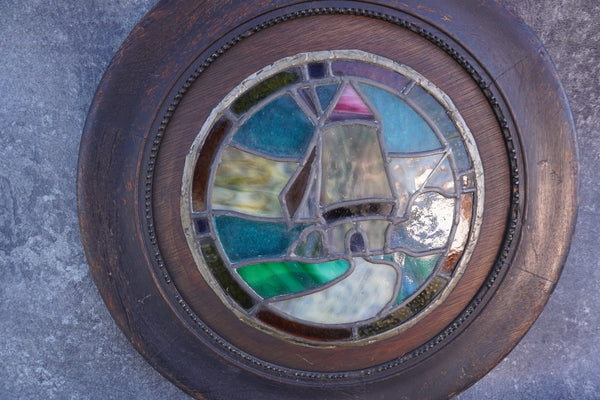 Arts & Crafts Stained Glass Windmill Motif Round Window  c 1910 A3173