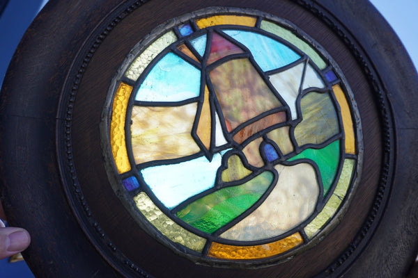 Arts & Crafts Stained Glass Windmill Motif Round Window  c 1910 A3173