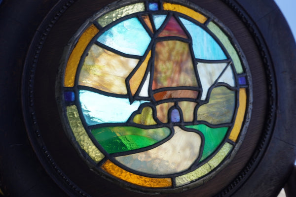 Arts & Crafts Stained Glass Windmill Motif Round Window  c 1910 A3173