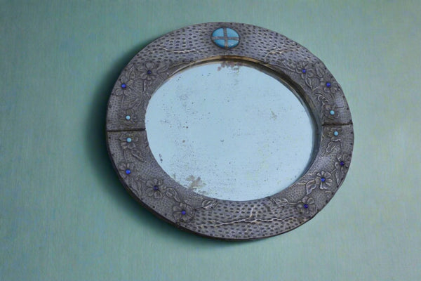 Arts & Crafts/Art Nouveau Pewter & Colored Glass Oval Mirror c 1910 A3208