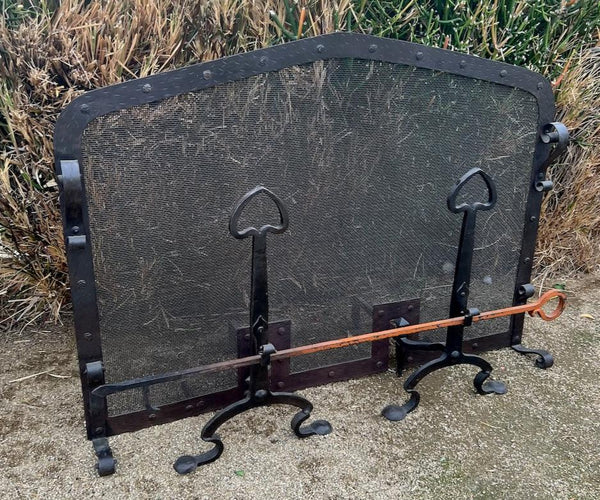 Spanish Revival Fire Screen, Andirons and Poker A3232